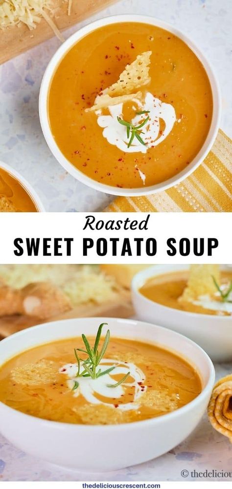 This roasted sweet potato soup is so creamy, delicious and perfect for holidays. Rich in taste with coconut milk, ginger, cardamom, nutmeg, rosemary and topped with parmesan crisps. So festive and comforting! This easy soup recipe can be made lighter and healthy, vegan and can even be cooked in a crockpot or instant pot. It has a hint of spice, so you can add some butternut squash if you like. #sweetpotatococonut #creamysoup #roastedsweetpotato Potato Soup With Coconut Milk, Roasted Sweet Potato Soup, Sweet Potato Soup Recipes, Coconut Milk Soup, Parmesan Crisps, Roasted Sweet Potato, American Recipes, Delicious Gluten Free Recipes, Delicious Soup Recipes