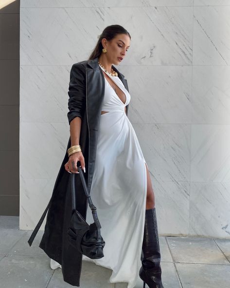 Stepping into the weekend in style 🤎 Tell me your favorite photo ! [maxi dress, white dress, cutout dress, leather trench, trench coat, neutral outfit, fall fashion trends 2024, transitional wardrobe, fall colors 2024, casual fall outfits, easy outfits inspo, style inspo, daily outfit ideas, fashion style, outfit post, street style, trendy outfits, minimal fashion, minimalist style, ootd, fashion blogger, grwm, look book, how to style, casual chic, capsule wardrobe, European style] #whitedr... Chic White Split Maxi Dress, Casual Chic Capsule Wardrobe, Trench Coat White Dress, Luxury White Maxi Length Kimono, Chic Off-white V-neck Maxi Dress, Neutral Outfit Fall, Chic Off-white Sleeveless Maxi Dress, Daily Outfit Ideas, Outfits Minimal