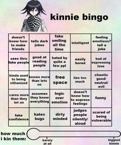 pls credit if you use! xoxo requested by @AGirlWithNothingToDo thank you!! Kokichi Kinnie, Bingo Template, Writing Fantasy, Bingo Board, Danganronpa Memes, How To Express Feelings, Having No Friends, Fake People, Danganronpa Characters