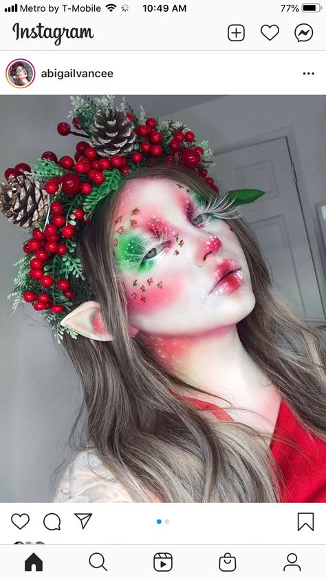 Yule Makeup, Christmas Fairy Makeup, Christmas Makeup Aesthetic, Peppermint Makeup, Creative Christmas Makeup, Christmas Elf Makeup Looks, Christmas Clown Makeup, Elf Face Paint, Christmas Sfx Makeup