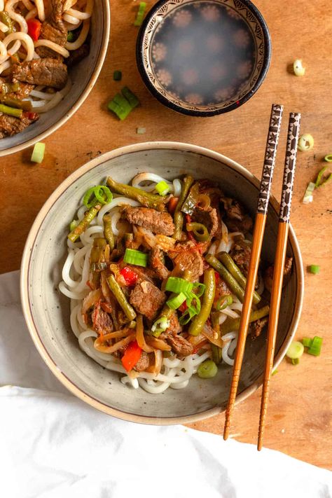 Lagman is a flavorful stir-fry dish served with homemade noodles. Excite your guests with fresh flavors and delicious textures by giving Lagman a try! Lagman Recipe, Cinnamon Tea Recipe, Top Sirloin Steak, Stir Fry Dishes, Cinnamon Tea, Homemade Noodles, Feeding A Crowd, Tea Recipes, Stuffed Hot Peppers