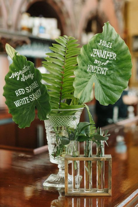 Drink menu on monstera leaf for modern bohemian wedding greenery decor Monstera Wedding Decor, Monstera Wedding, Wedding Drink Menu, Wedding Design Inspiration, Honeymoon Island, Neutral Wedding Colors, Tampa Wedding, Perfect Planner, Wedding Vendor