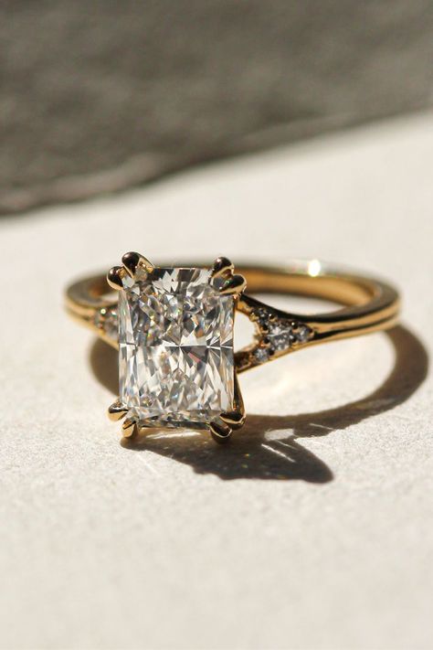 Engagement And Wedding Rings Gold, Gold Engagement Ring Non Traditional, Wedding Band For Rectangle Engagement Ring, Vintage Radiant Engagement Rings, Upgrade Diamond Ring, Not Basic Engagement Rings, Custom Radiant Engagement Ring, Gold Band Engagement Rings Radiant, Rings Engagement Timeless