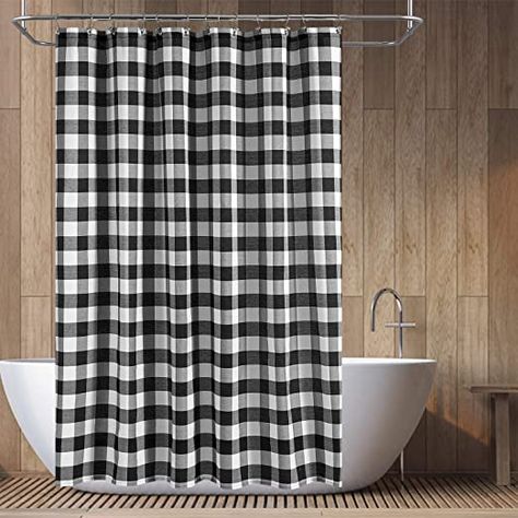 Barossa Design Buffalo Check Shower Curtain: Cotton Blend Plaid Woven Texture & Machine Washable, Water-Repellent, Rustic Farmhouse Style for Bathroom - Black and White, 71x72 Inch Buffalo Check Shower Curtain, Cortinas Country, Country Shower Curtain, Black And White Shower Curtain, Plaid Shower Curtain, Farmhouse Shower Curtain, Long Shower Curtains, Farmhouse Shower, Bathroom Partitions