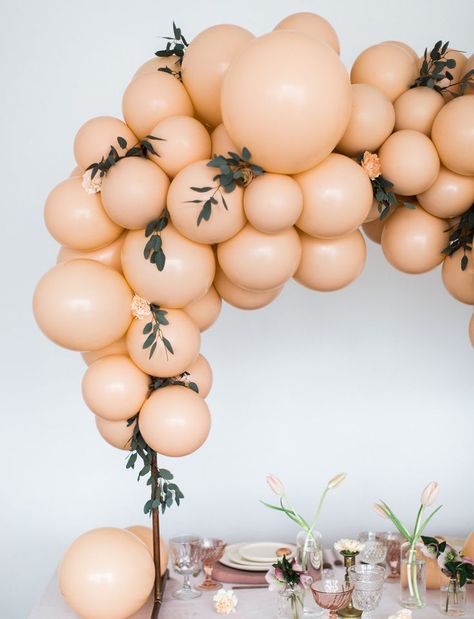 giant balloon arch in peach and pink pastel hues // modern bridal shower or easter tablescape Deco Ballon, Peach Baby Shower, Peach Party, Bridal Shower Inspiration, Modern Bridal Shower, Pre Wedding Party, Unique Bridal Shower, Fall Bridal Shower, Shower Inspiration