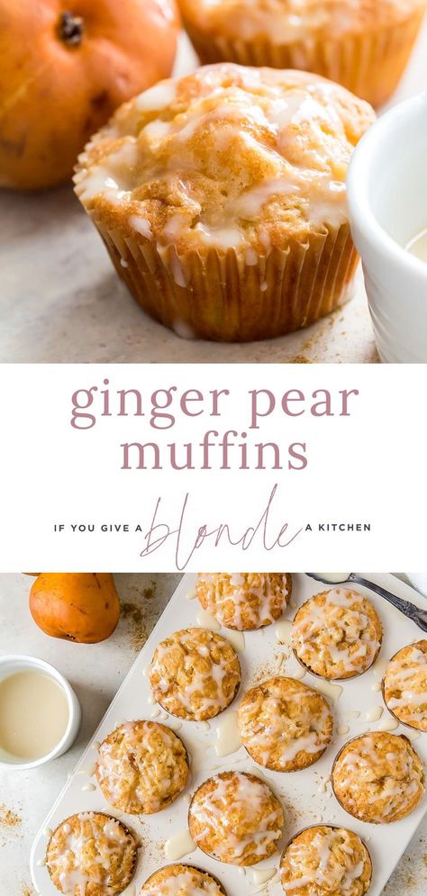 In need of a delicious fall brunch recipe? Ginger pear muffins are made with ginger and topped with a honey glaze to add plenty of flavor. They are easy to make too—no mixer required! Ginger pear muffins are a simple, yet incredibly flavorful breakfast treat. The pears add bits of sweet fruit dispersed throughout each muffin, which is complemented by the ginger in the batter. The only thing that could make these muffins better is the honey glaze on top!​​​​​​​ Ginger Muffins Healthy, Pear And Ginger Muffins, Asian Pear Muffins, Pear Ginger Muffins, Pear Breakfast Recipes, Pear Muffins Recipes, Autumn Brunch Recipes, Pear Desserts, Best Muffin Recipe