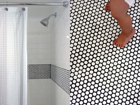 white penny tile with black grout Penny Tile Bathrooms, Black And White Penny Tile, White Penny Tile Bathroom, White Penny Tile, Penny Tiles Bathroom, Penny Tile Floors, Tile Bathrooms, Affordable Bathroom Remodel, Black Grout