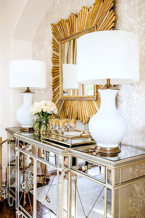 Glam Transitional Dining Room Reveal - Randi Garrett Design Glam Dining Room, Transitional Dining Room, Transitional Dining, Transitional Furniture, Glam Living Room, Mirror On The Wall, Transitional Living Rooms, Transitional House, Transitional Decor