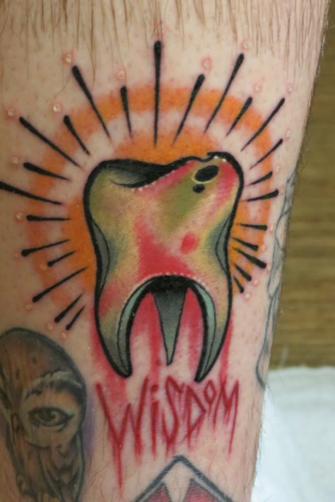 "Wisdom Tooth Tattoo by ~Nelby2388 on deviantART" SINCE I did not get to keep my wisdom teeth that were extracted in March, I would love to have a memorial tattoo! This is the idea I was thinking of! Only, of course, I would have different details! Wisdom Tooth Tattoo, Bike Tattoo, Tooth Tattoo, Wisdom Tooth, Optical Illusion Tattoo, Intricate Tattoo, Memorial Tattoo, Knee Tattoo, New School Tattoo