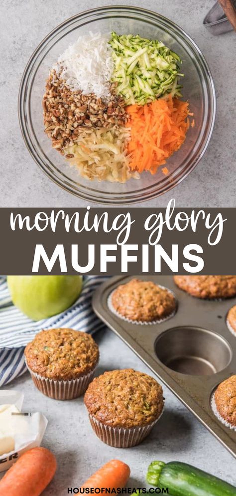 Morning Glory muffins are loaded with carrots, zucchini, apple, pecans, coconut and whole wheat flour, making them great for breakfast or a healthy snack. | morning glory muffins recipe | morning glory muffins healthy | morning glory muffins with zucchini | healthy muffin recipes breakfast Muffins With Vegetables, Zucchini Morning Glory Muffins, Healthy Zucchini Carrot Muffins, Morning Glory Muffins With Zucchini, Morning Glory Bran Muffins, Carrot Breakfast Recipes, Healthy Apple Muffin Recipes, Healthy Muffins Breakfast, Muffin Recipes Carrot