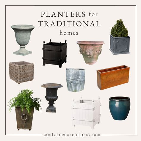 Planter Styles for Traditional Homes — Contained Creations Neoclassical Exterior, Exterior Planter, Craftsman Porch, Farmhouse Craftsman, Brick Planter, Colonial Garden, Colonial House Exteriors, Door Planter, Corten Steel Planters