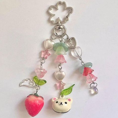 Strawberry Y2k, Y2k Charms, Handcraft Jewelry, Strawberry Keychain, Diy Kandi, Bear Keychain, Pendant Keychain, Beaded Keychain, Y2k Fairy