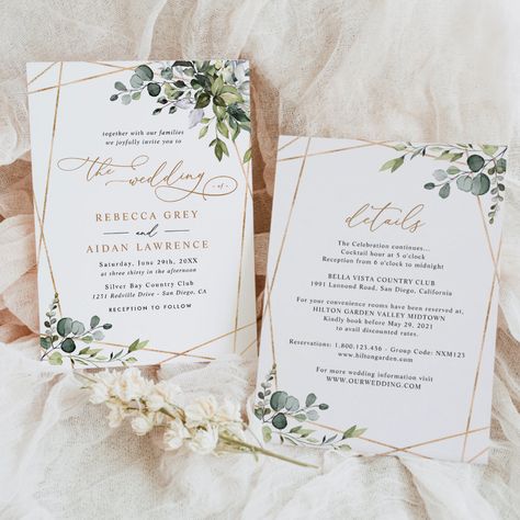 Gold Greenery Wedding, Wedding Eucalyptus, Popular Wedding Invitations, Classy Wedding Invitations, Sans Font, Watercolor Greenery, Blue Green Gold, Green Wedding Invitations, Greenery Wedding Invitations