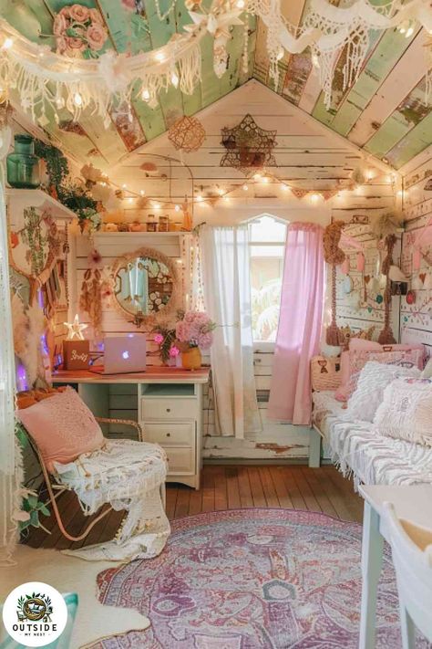 She Shed Shabby Chic, Shabby Chic Shed, Shed Decor Interior, Pink She Shed Interior, She Shed Clothing Boutique Ideas, Shabby Chic She Shed Interior, She Shed Bedroom Ideas, She Shed Interior Ideas Woman Cave, Boho She Shed Interior