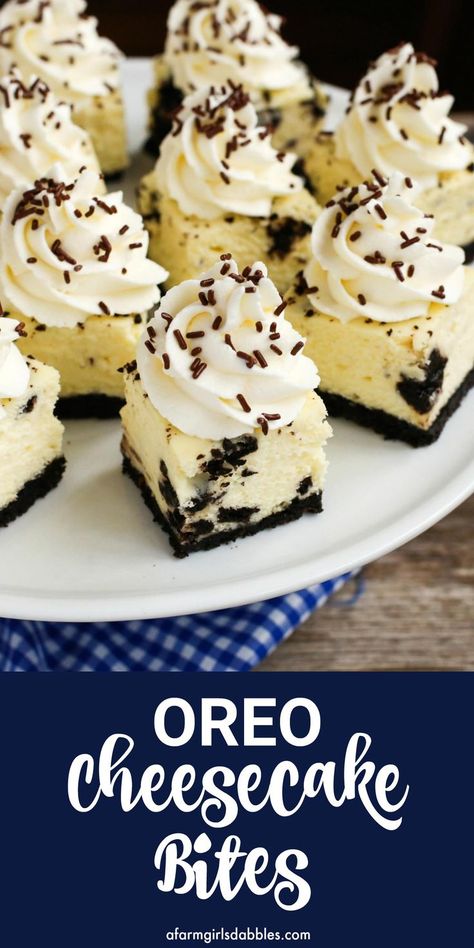 Oreo Cheesecake Bites from afarmgirlsdabbles.com: This easy cheesecake recipe is light in texture, yet ultra creamy. I bet you won't be able to eat just one! #cheesecake #recipe #easy #oreo #oreos Oreo Cheesecake Squares, Dessert With Cheesecake Pudding, Christmas Snacks For Party Appetizers Easy, Easy Summer Baking Recipes, Fast Desserts For A Crowd, Mini Cheese Cakes Recipes, Single Serve Desserts For Party, Cupcake Cheesecake Recipes, Baked Desserts Easy