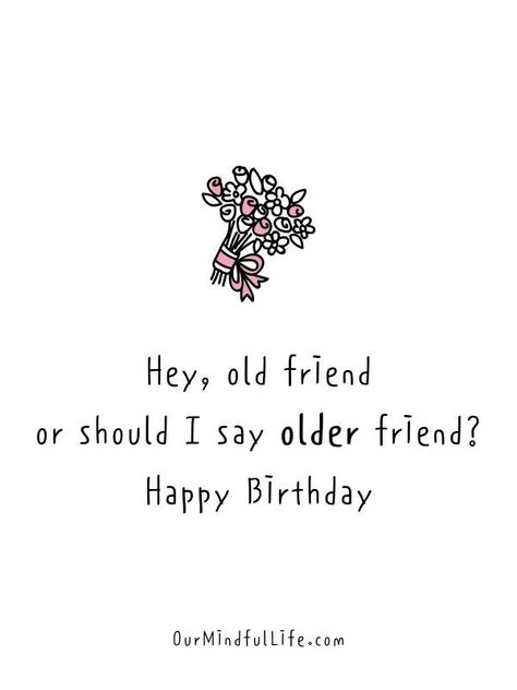 Hey old friend, or should I say older friend? Happy birthday.- Funny Happy Birthday Quotes For A Friend Cute Happy Birthday Quotes, Happy Birthday Wishes For A Friend, Short Birthday Wishes, Funny Wishes, Birthday Quotes For Her, Our Mindful Life, Quotes For Friends, Best Birthday Quotes, Funny Happy Birthday Wishes