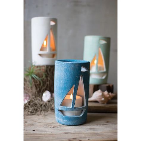 Breakwater Bay Clay Sailboat Luminaries 3 Piece Ceramic Votive Holder Set & Reviews | Wayfair Sea Candles, Diy Keramik, Sculptures Céramiques, Candle Luminaries, Keramik Design, Slab Pottery, Hand Built Pottery, Pottery Classes, Ceramics Projects