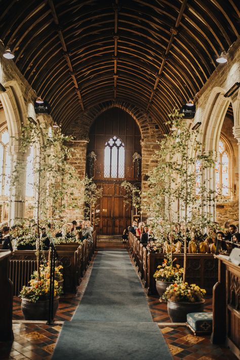 Small Church Weddings, Victorian Wedding Themes, Wedding Trees, Birch Wedding, Yellow Bridesmaid, Church Wedding Flowers, Devon Wedding, Church Wedding Decorations, Wedding Hotel