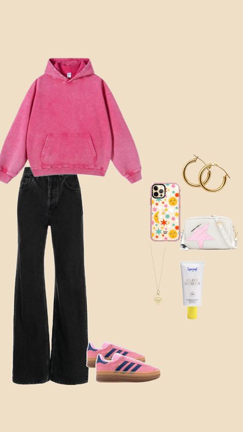 pink hood outfit black jeans outfit aesthetic outfit gold jewelry outfit collage ideas inspo Sambas Aesthetic, Adidas Gazelles, Black Jeans Outfit, School Fits, Aesthetic Outfit, Jeans Outfit, Adidas Gazelle, Pink Hoodie, Pink And Black