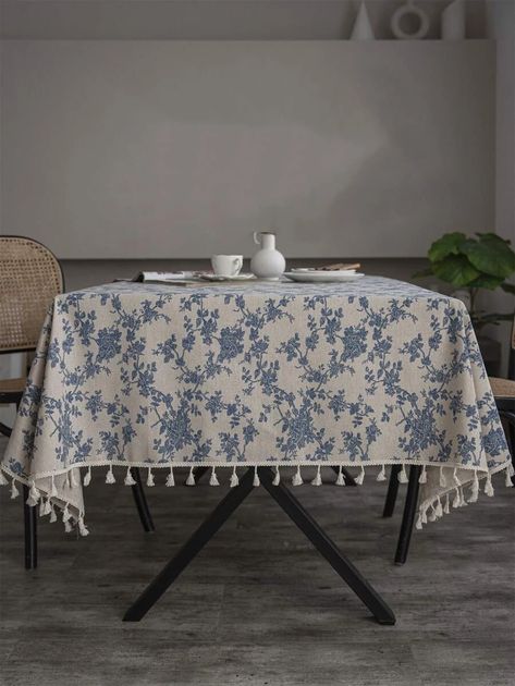 Floral Print Tassel Decor Tablecloth | SHEIN USA Tassels Decor, Rectangle Tablecloth, Rectangle Table, Buffet Table, Square Tables, Table Accessories, Dining And Kitchen, Blue Rose, Linen Tablecloth