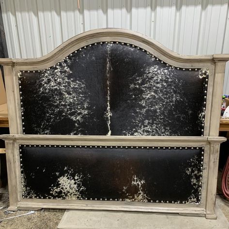 Jasper Western Headboard w/ Cowhide Upholstery - Your Western Decor, LLC Cow Hide Headboard Beds, Western King Bed Frame, Cowhide Bed Frame, Diy Western Headboard Ideas, Diy Cowhide Headboard, Cowhide Decor Ideas, Western Headboards, Western Headboard Ideas, Western Bed Frame