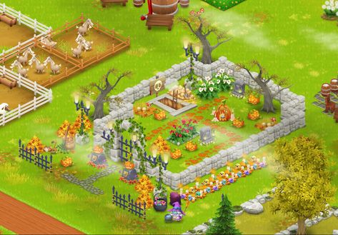 Halloween Hayday Ideas, Hay Day Farm Design Halloween, Hay Day Halloween Design, Hayday Farm Design Halloween, Hay Halloween Decorations, Halloween Layout Design, Hayday Farm Design, Halloween Layout, Farm Games