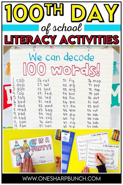 Take your 100th Day of School party to the next level with these 100th Day literacy activities for kindergarten and first grade! These 100th day literacy centers allow students to work on reading and writing all while having a great time! You will find 100th Day writing prompts, 100th Day rhyming activities, and a 100th Day emergent reader. You will also find a write the room activity, 100th day rhyming activity, and a 100th day pocket chart activity. Great for your 100th day stations! One Sharp Bunch, Rhyming Words Activities, Literacy Activities Preschool, Pocket Chart Activities, Cvc Word Activities, Rhyming Activities, Kindergarten Math Activities, Valentine's Day Party, 100th Day Of School