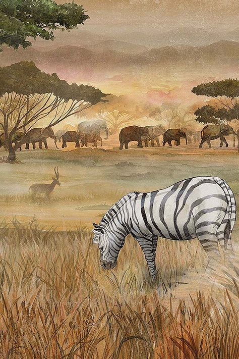 Watercolors and pencils tell us about the wonderful, free and unspoiled Nature of "Savana". Discover all the animals and details of this new wallpaper. hand-drawn and hand-painted by Tecnografica designers. #wallpaper #cartadaparati #design #architecture #interiordesign #designer #homedecor #interiors #wall #madeinitaly #animalwallpaper #cartadaparatianimali #jungle #savana #savannah #junglewallpaper #giungla #cartadaparatijungle #handdrawn #handpainted #disegnatoamano #dipintoamano #zebras Tropical Illustration, African Paintings, Jungle Wallpaper, Sunset Art, Animal Wallpaper, The Animals, New Wallpaper, Zebras, My New Room