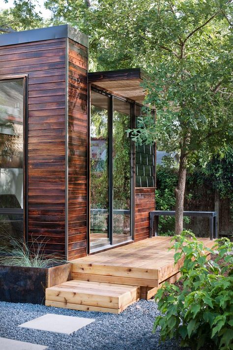 Modern Rustic! Great combination to come home to. Charred Wood Siding, Garage Studio, Guest Room Design, Backyard Studio, Charred Wood, Backyard Office, Sugi Ban, Shou Sugi Ban, Modern Ranch