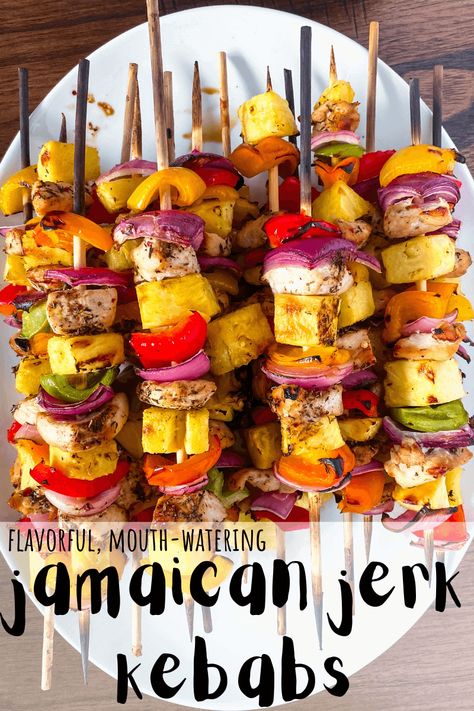 Jerk Chicken Kebabs - Simply Scrumptious- easy healthy meals and desserts Jerk Chicken Kabobs, Jamaican Jerk Chicken, Comfort Food Chicken, Chicken Pita, Vegetable Skewers, Jamaican Dishes, Chicken Appetizers, Jamaican Jerk, Jerk Seasoning