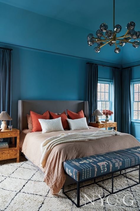 Inside a Young Family's Colorful, Art-Filled Westchester County Oasis - Cottages & Gardens Dark Teal Bedroom Ideas, Dark Teal Bedroom, Jewel Tone Bedroom, Teal Nightstands, Teal Bedroom Ideas, Teal Accent Walls, Bedrooms For Couples, Teal Pillows, Warm Color Schemes