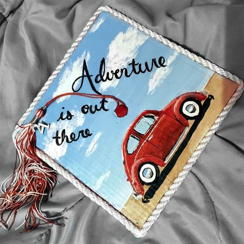 Red Volkswagon Beetle Painted on a Graduation cap. Blue sky background woth clouds. "Adventure is out there" - Up calligraphy painted on Graduation cap. Trimmed with boat rope. Cardboard canvas with gesso, then painted and sealed with modern podge, then hot glued to Graduation cap. Outer Banks Graduation Cap, Boat Rope, Blue Sky Background, Calligraphy Painting, Cap Decorations, Graduation Cap Decoration, Grad Cap, Graduation Cap