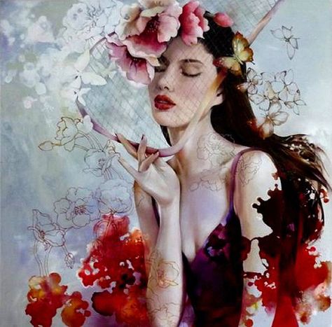 The Poet of Painting ~ Catherine La Rose : ✿ Wendy NG ✿ Woman With Flowers, L'art Du Portrait, Galleria D'arte, Flowers In Her Hair, Soyut Sanat Tabloları, Art Et Illustration, April 7, 판타지 아트, Art And Illustration