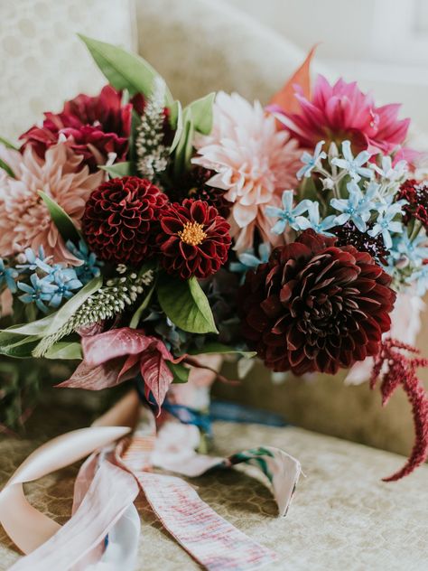 Ideas & Advice by The Knot Tweedia Bouquet, Fall Jewel Tone Wedding, Cafe Au Lait Dahlia Bouquet, Jewel Tone Wedding Bouquet, Dahlia Bridal Bouquet, Jewel Tone Decor, Dahlia Wedding Bouquets, Dahlia Wedding, Dahlia Bouquet