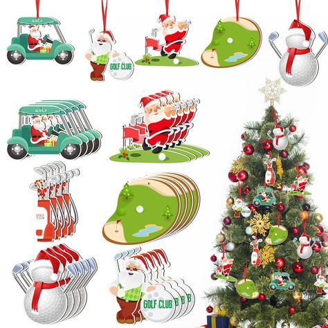 Golf Christmas Tree Decorations, Golf Theme Christmas Tree, Golf Themed Christmas Tree, Golf Christmas Tree, Golf Ornaments, Golf Christmas, Christmas Party Table, Christmas Golf, Wooden Snowman