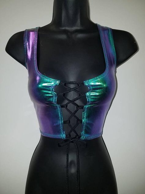 Metallic Holographic color changing purple to green oil spill Holographic Color, Rave Looks, Rave Fits, Clubbing Outfits, Oil Spill, Oil Slick, Festival Looks, Rave Wear, Rave Outfits