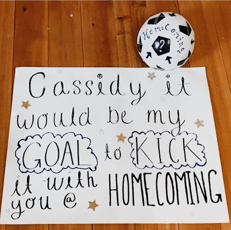 Homecoming Soccer Posters, Promposal Soccer Ideas, Hoco Proposals Ideas For Him Soccer, Soccer Themed Hoco Proposals, Soccer Homecoming Proposal Ideas, Soccer Dance Proposal, Soccer Hoco Signs, Homecoming Proposal Ideas Soccer, Soccer Homecoming Proposals