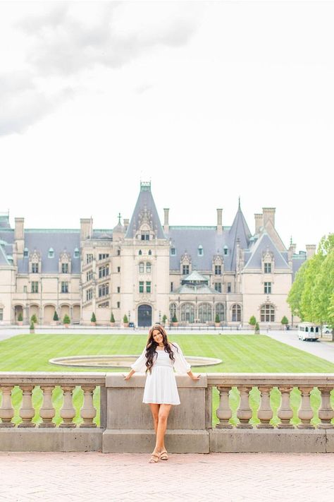 high school senior stands in front of Biltmore Estate for her senior session wearing white dress The Biltmore Estate, Senior Photoshoot Poses, The Future Is Bright, High School Senior Photos, Future Is Bright, High School Seniors Photos, Senior Photo Poses, The Biltmore, House Gardens