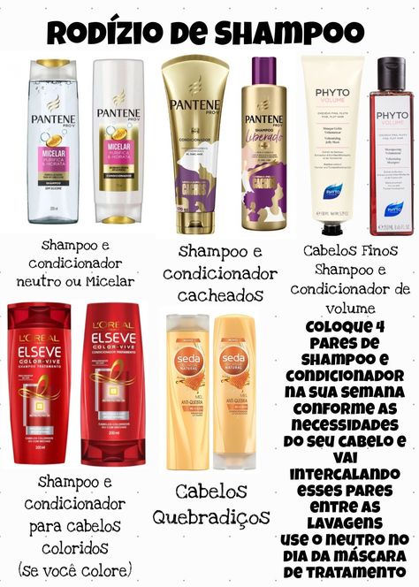 Se você lava 4 vezes na semana é só escolher 4 pares de Shampoo e condicionador conforme a necessidade do seu cabelo e ir intercalando eles entre as lavagens. O shampoo e condicionador neutro ou Micelar tem que ter. Se lava só uma vez na semana é só usar 4 pares de shampoo e condicionador 1 A cada semana juntamente com a máscara de tratamento seja hidratação/Nutrição/reconstrução/máscara especial. Lembrando que a máscara é só uma vez na semana não importa por quantas vezes vc lava o cabelo. Shampoos, Hair Care, Hair, Beauty, Hair Care Tips