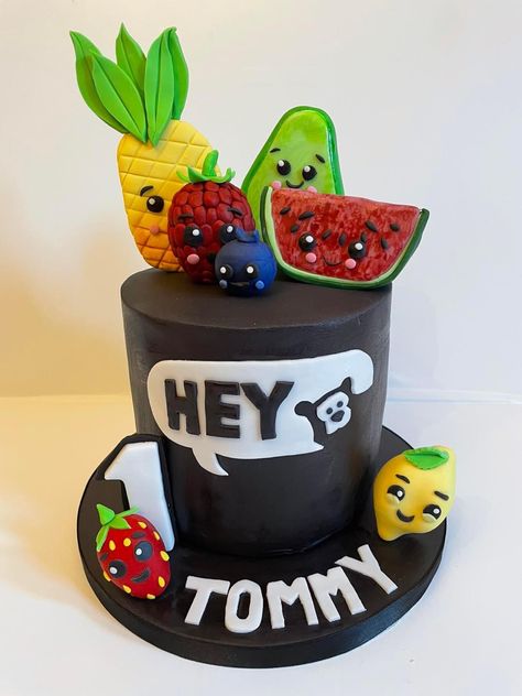 Hey Bear Birthday Cake, Hey Bear Smash Cake, Hey Bear First Birthday Cake, Dancing Fruit Cake, Dancing Fruits Birthday Theme, Dancing Fruit Birthday Cake, Hey Bear Cake, Hey Bear Sensory Birthday Cake, Tootie Fruity Birthday Cake