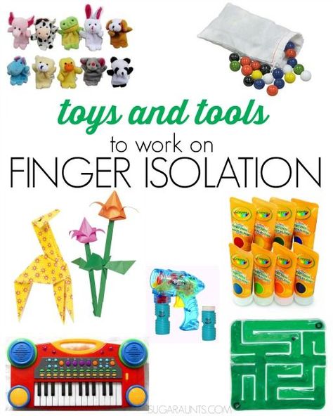 Toy ideas for working on finger isolation Occupational Therapy tips Best Occupational Therapy Toys, Finger Isolation Occupational Therapy, Early Intervention Occupational Therapy, Ideas For Kindergarten, Coordination Activities, Occupational Therapy Activities, Fine Motor Activities For Kids, Fingerprint Art, Motor Planning