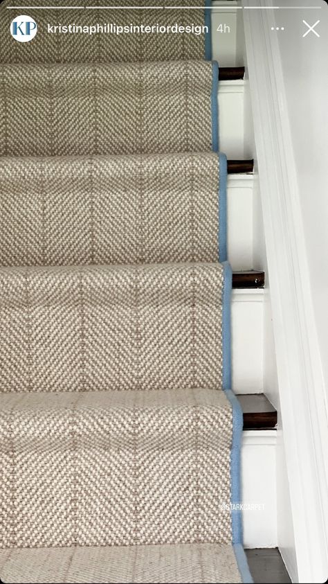 Light Blue Stair Runner, Modern Staircase Runner Ideas, Cream Stair Runner, Stair Runner Carpet Ideas, Staircase Runner Carpet, Stair Runner With Landing, Stair Runners Ideas, Blue Stair Runner, Neutral Stair Runner