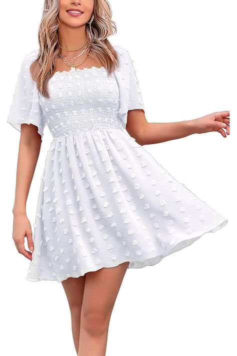 EXLURA Women's Summer Flowy Mini Sundress Square Neck High Waist Swiss Dot Smocked Ruffle Short Flutter Sleeve Dress Flowy Sundress, Swiss Dot Dress, Flowy Mini Dress, Stylish Summer Outfits, Dress Flowy, Mini Sundress, Super Cute Dresses, Ruffle Mini Dress, Denim Mini Dress