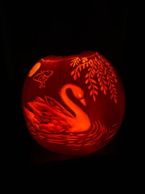 Swan Pumpkin Carving, Bird Pumpkin Carving, Swan Pumpkin, Pumkin Designs, Pumpkin Competition, Bird Pumpkin, Halloween Pumpkins Carvings Designs, October Vibes, Cute Pumpkin Carving