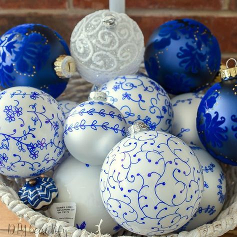 Christmas - DIY Beautify - Creating Beauty at Home Sharpie Ornaments, White French Farmhouse, Chinoiserie Ornaments, Blue Christmas Ornaments, Chinoiserie Christmas, Blue Christmas Decor, White Christmas Ornaments, Farmhouse Ornaments, Blue Christmas Tree