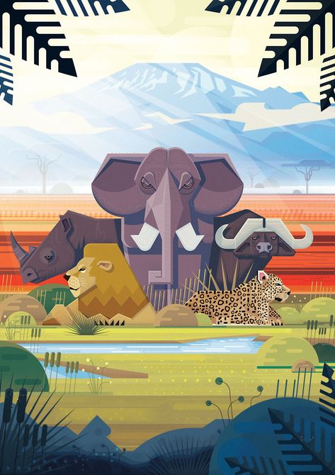 The Big Five by Adrian WirénIllustration of the Big Five inspired by James Gilleard a huge fan of his art! James Gilleard Illustration, Big Five Animals Drawings, Illustration Art Animals, Zoo Poster Design, The Big Five Animals, Big Five Animals, Africa Illustration, Zoo Illustration, Zoo Poster