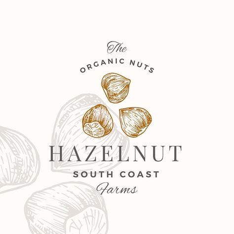 Hazelnut logo template hand drawn nuts s... | Premium Vector #Freepik #vector #logo-illustration #leaf-logo #vintage-logo #nature-logo Hazelnut Logo Design, Hazelnut Tattoo, Nuts Logo Design, Nuts Illustration, Nuts Logo, Biscuit Packaging, Logo Nature, Chocolate Logo, Nature Logo