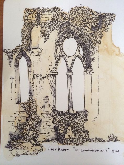 Sketch of ruined Abbey.  Washed with beer (Lost Abbey 10 Commandments) and inked with fountain pen. Castle Ruins Drawing, Fountain Sketch, Ruins Drawing, Strange Trails, Field Journal, Garden Drawing, 10 Commandments, Ancient Ruins, Reading Journal