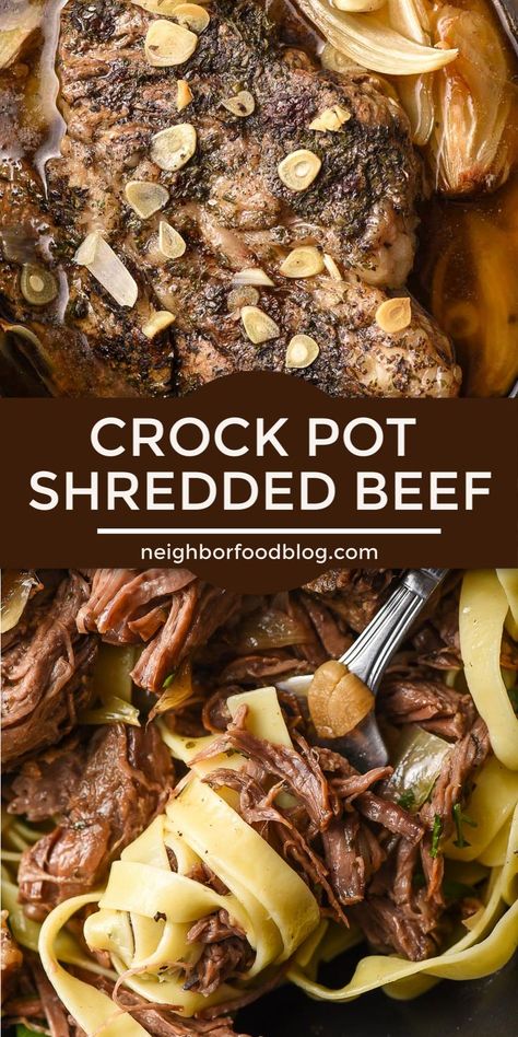 This tender, juicy Crock Pot Shredded Beef is an easy prep meal you can use in all kinds of recipes! This big batch recipe makes enough for a week's worth of meals. Try it in tacos, enchiladas, sandwiches, or over noodles! #crockpotrecipe #beef #slowcookerrecipe Crock Pot Shredded Beef, Shredded Beef Recipe, Slow Cooker Shredded Beef, Shredded Beef Recipes, Meat Entrees, Beef Entrees, Man Recipes, Pan Cooking, Slow Cooker Recipes Beef