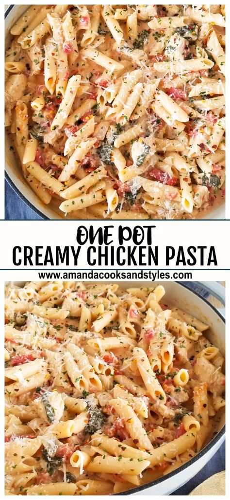 One Pan Chicken Pasta Recipes, Easy One Pot Chicken Meals, One Pot Chicken Meals Pasta, Chicken Pot Pie Penne Pasta, Creamy Tomato Chicken Pasta Recipes, Chicken Penne Pasta Recipes Crockpot, Homestyle Chicken Penne Casserole, Chicken With Rotini Pasta, Simple One Pot Pasta